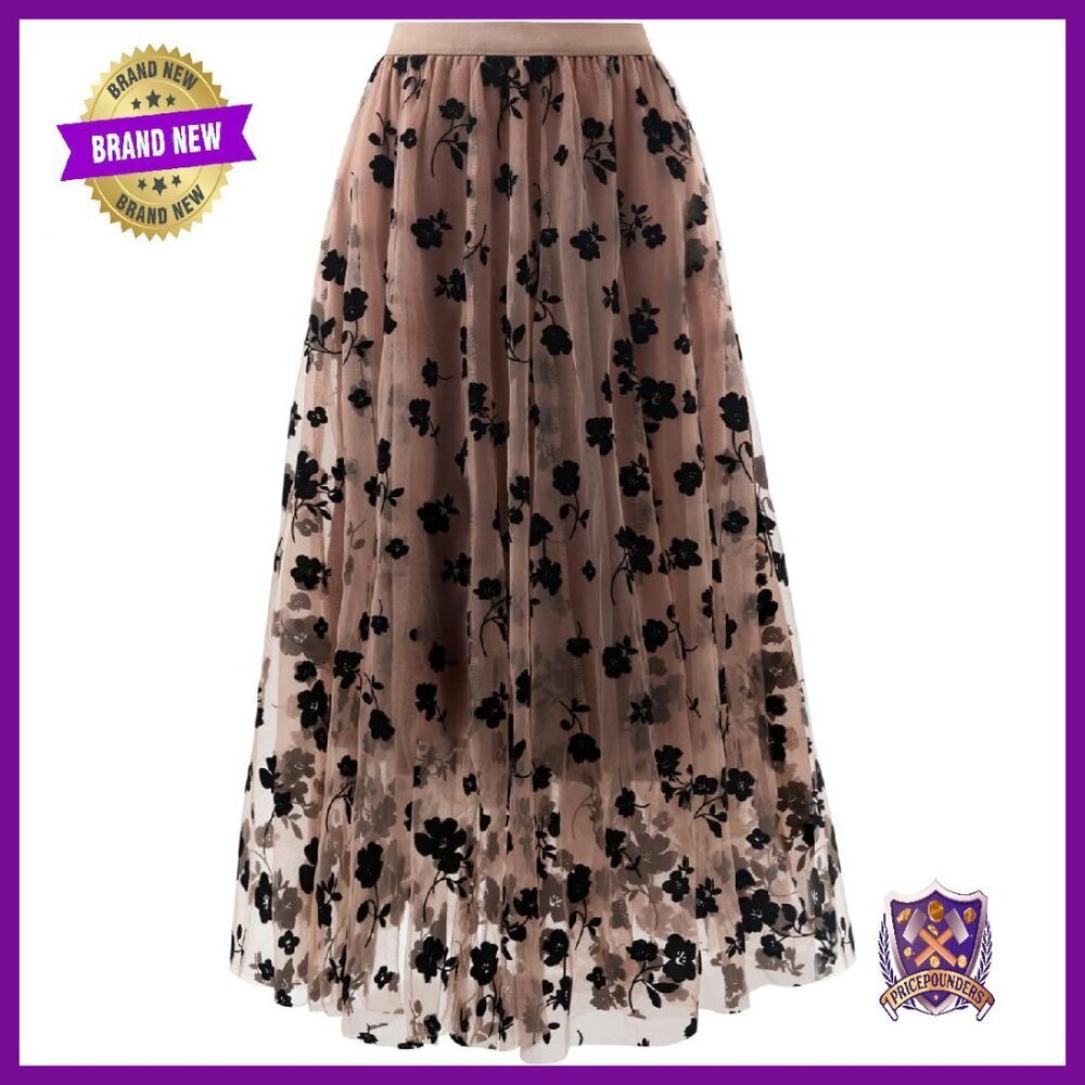 Midi A-Line Skirt High Waist Tulle Floral Summer Casual Dressy